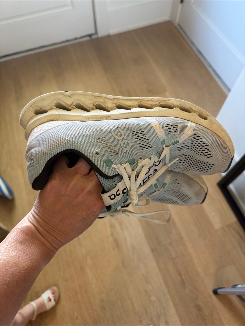 On Running CLOUDSURFER Off-White Mesh Running Sneaker with Mint Accents - Picture 3 of 4